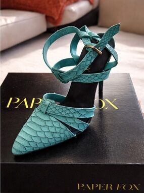 Paper Fox Teal Snake-Embossed Pointed Toe Strappy Heel